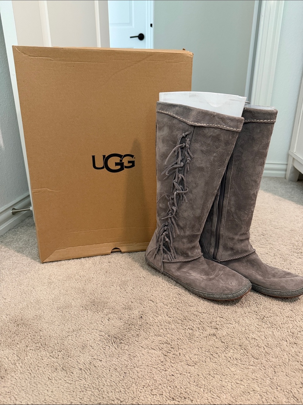 UGG Grey Suede Fringe Knee-High Boots
